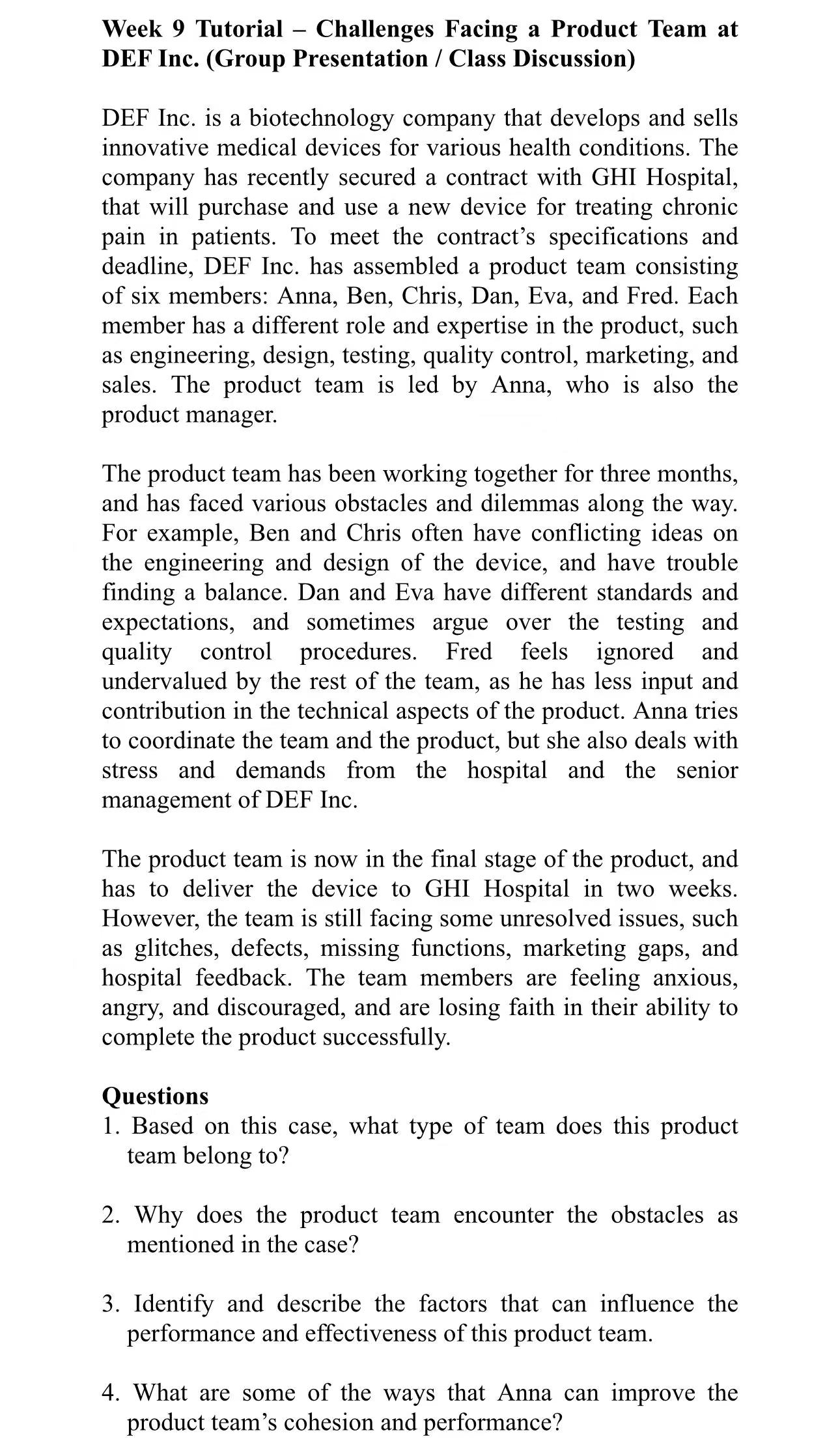  Week 9 Tutorial - Challenges Facing a Product Team at DEF