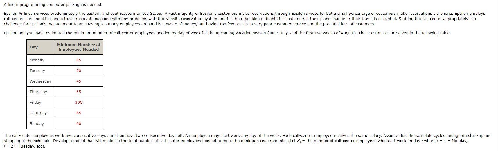 A linear programming computer package is needed. \begin{tabular}{|l|c|} \hline Day &