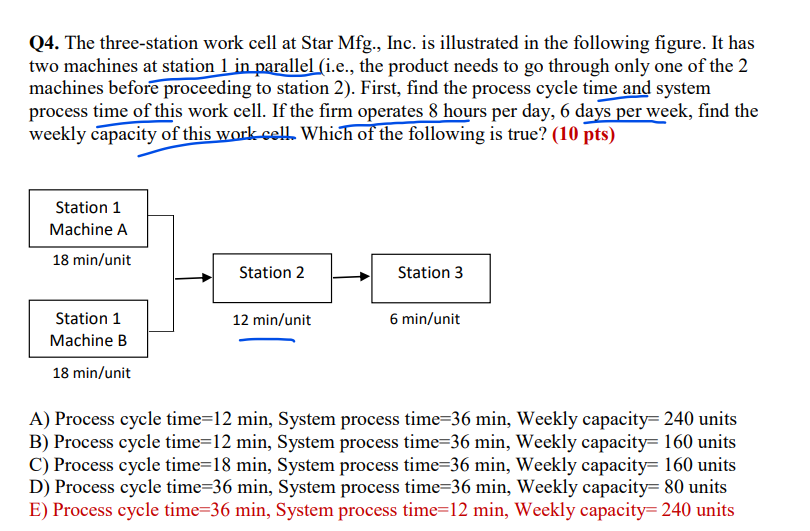  A) Process cycle time =12 min, System process time =36 min,