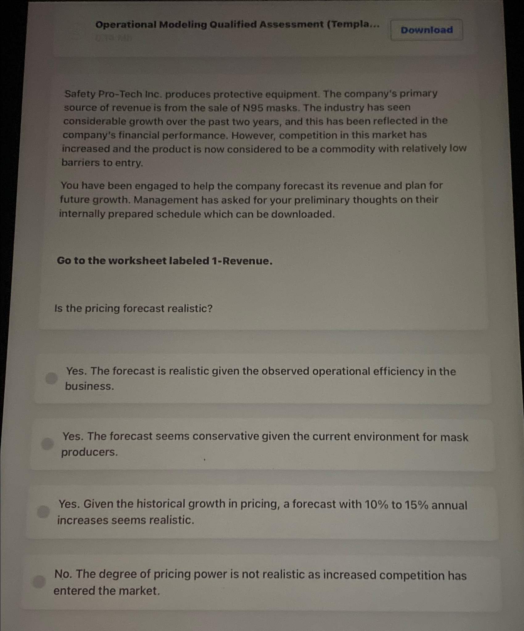  Operational Modeling Qualified Assessment (Templa... Safety Pro-Tech Inc. produces protective equipment.