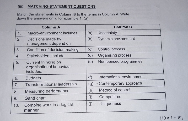  (iii) MATCHING-STATEMENT QUESTIONS Match the statements in Column B to the