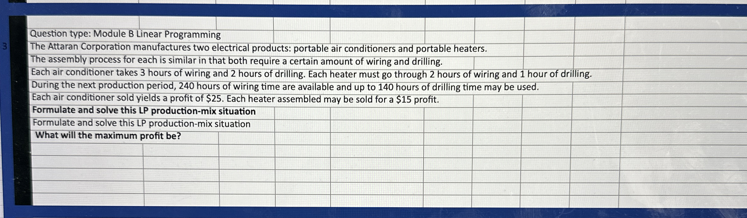  Question type: Module B Linear Programming The Attaran Corporation manufactures two