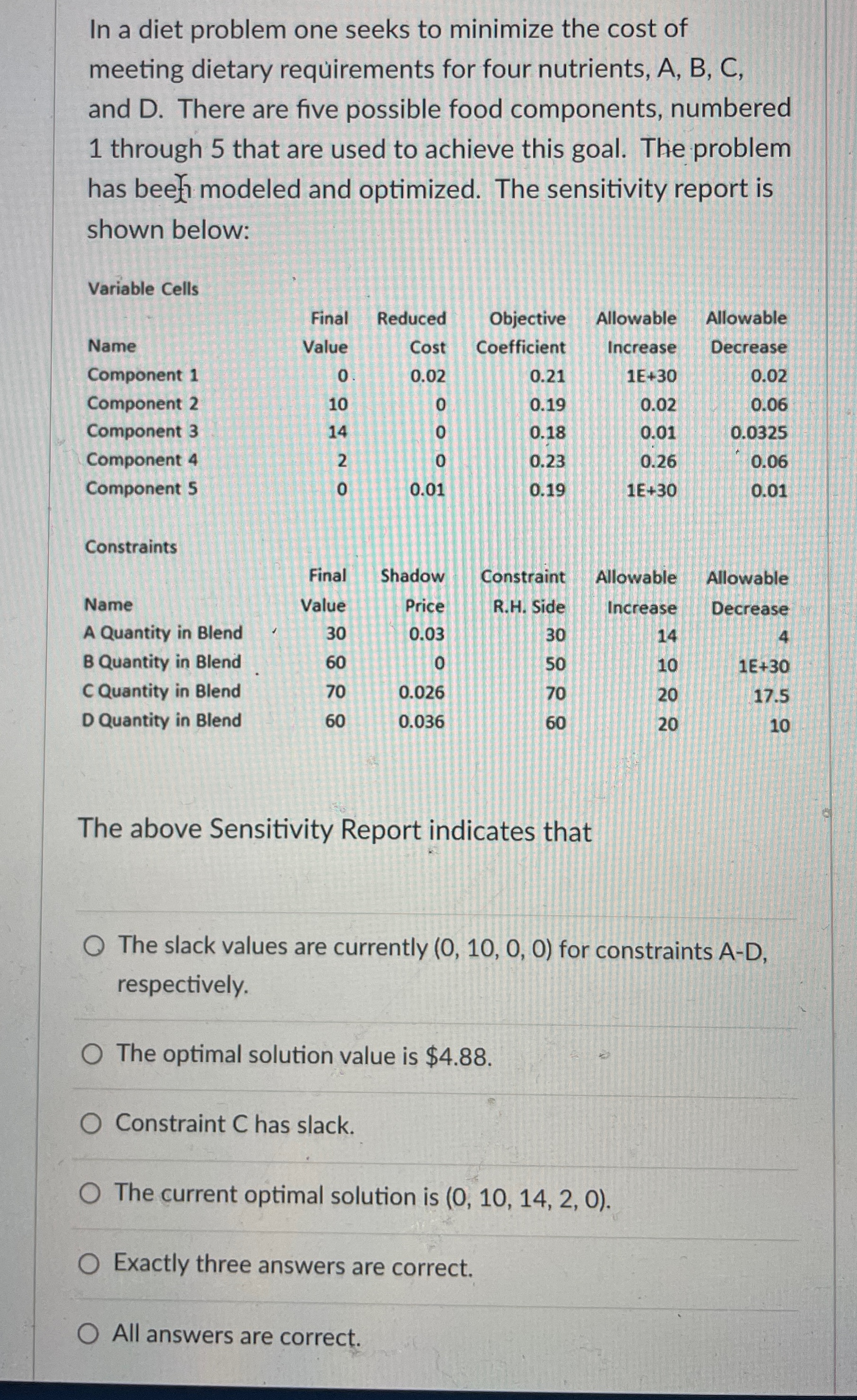 In a diet problem one seeks to minimize the cost of