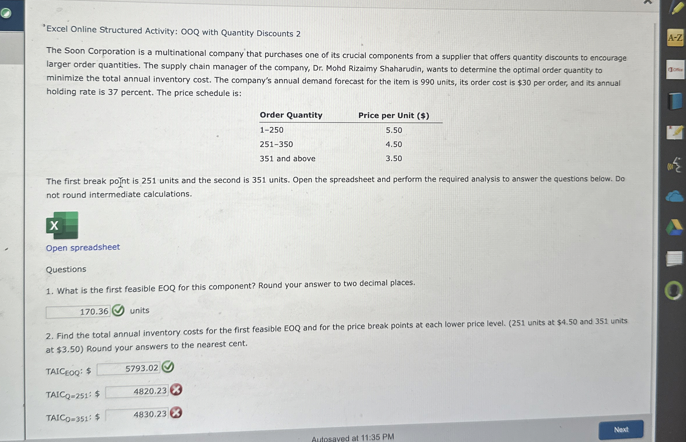  'Excel Online Structured Activity: OOQ with Quantity Discounts 2 The Soon