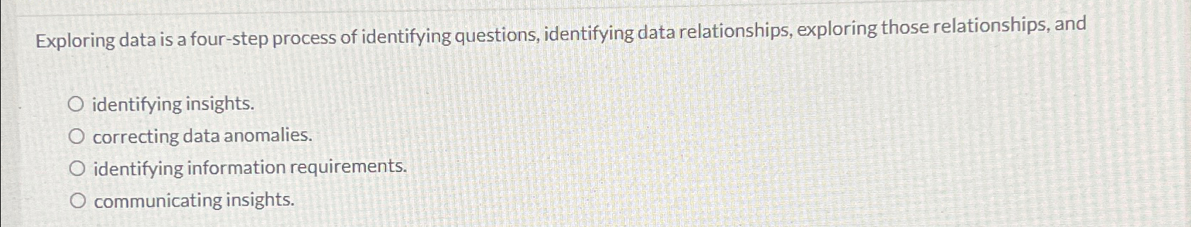  Exploring data is a four-step process of identifying questions, identifying data