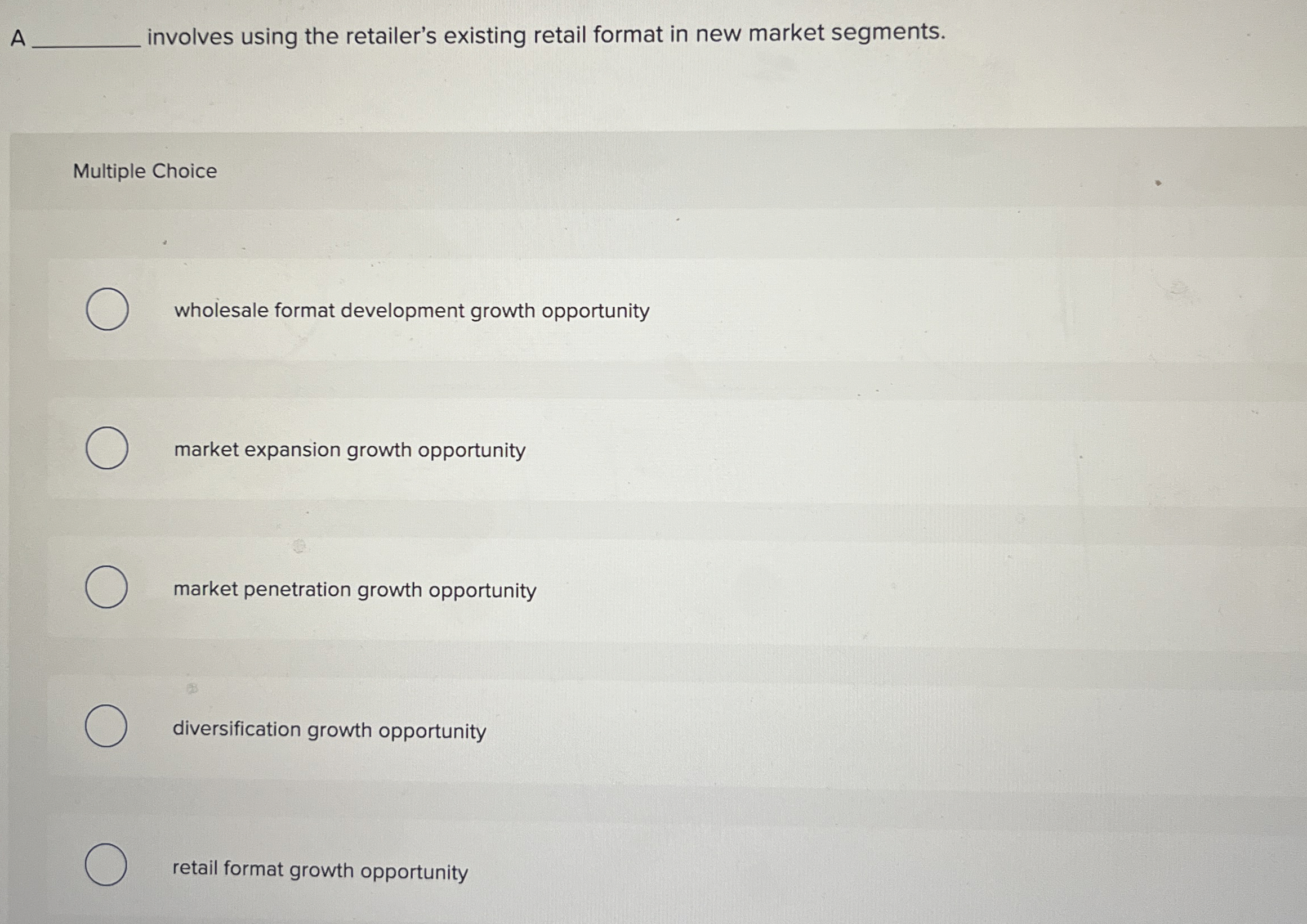 A involves using the retailer's existing retail format in new market