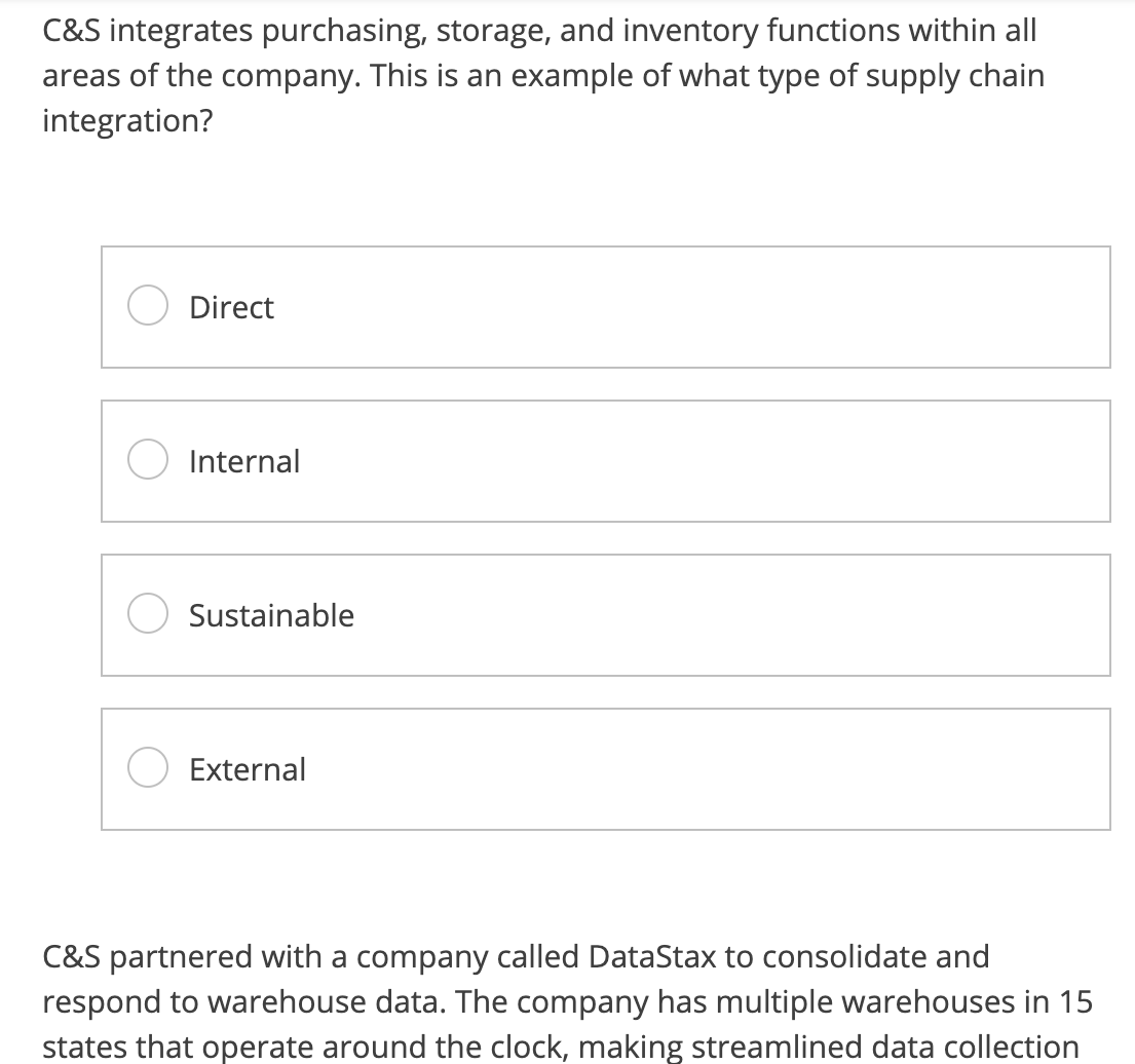  C\&S integrates purchasing, storage, and inventory functions within all areas of