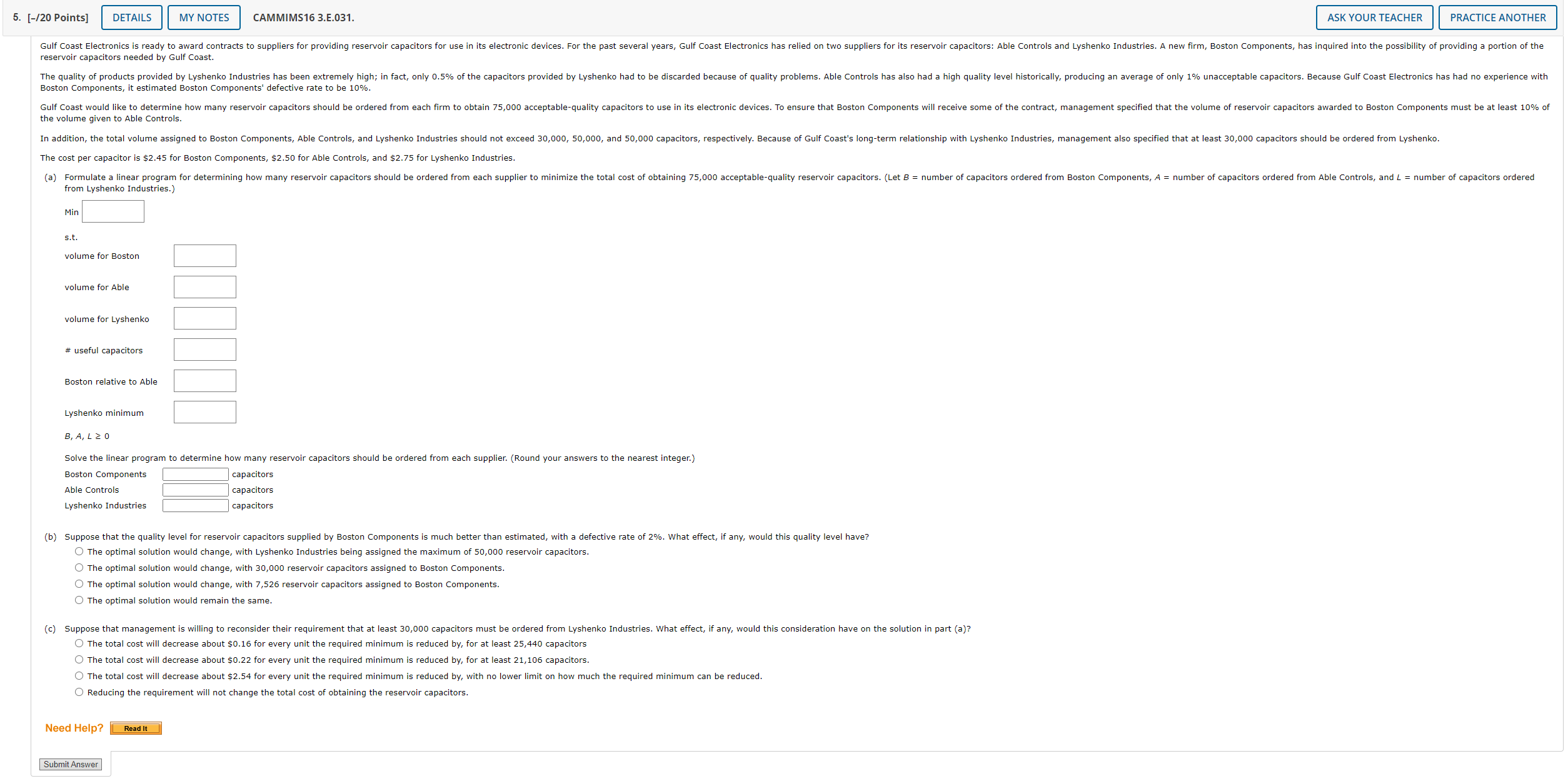  [-/20 Points] reservoir capacitors needed by Gulf Coast. Boston Components, it