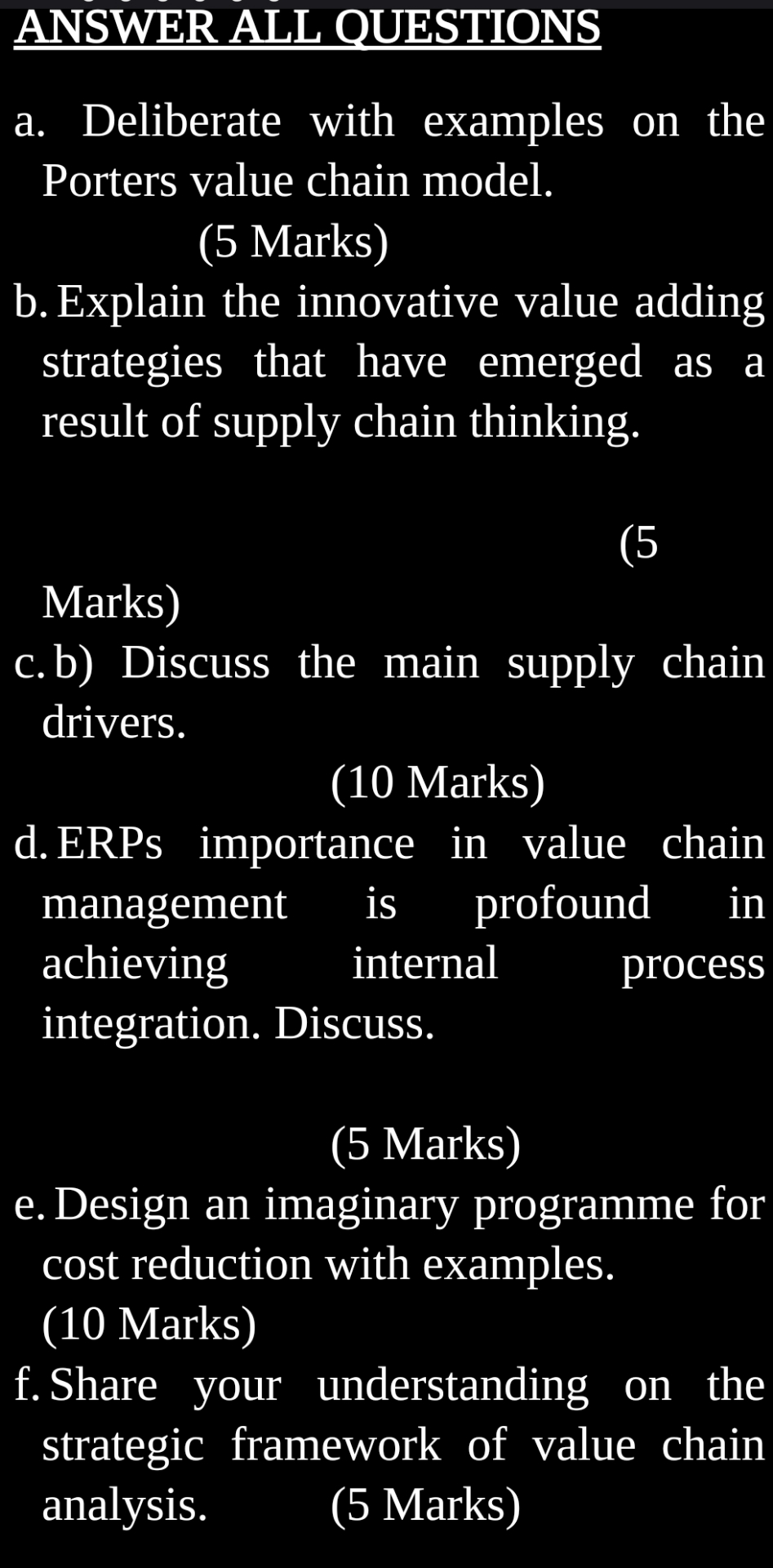  ANSWER ALL OUESTIONS a. Deliberate with examples on the Porters value