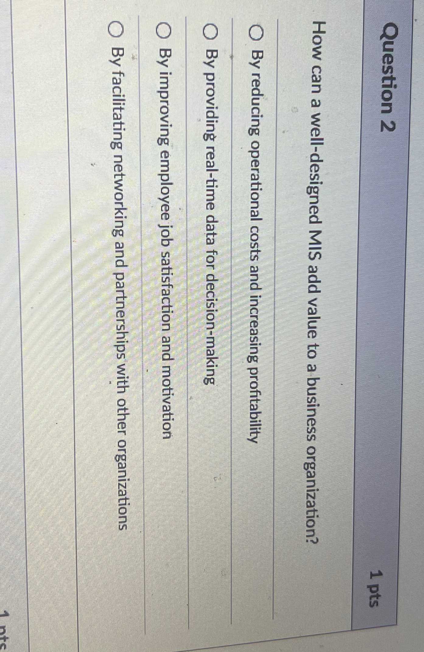  Question 2 1 pts How can a well-designed MIS add value