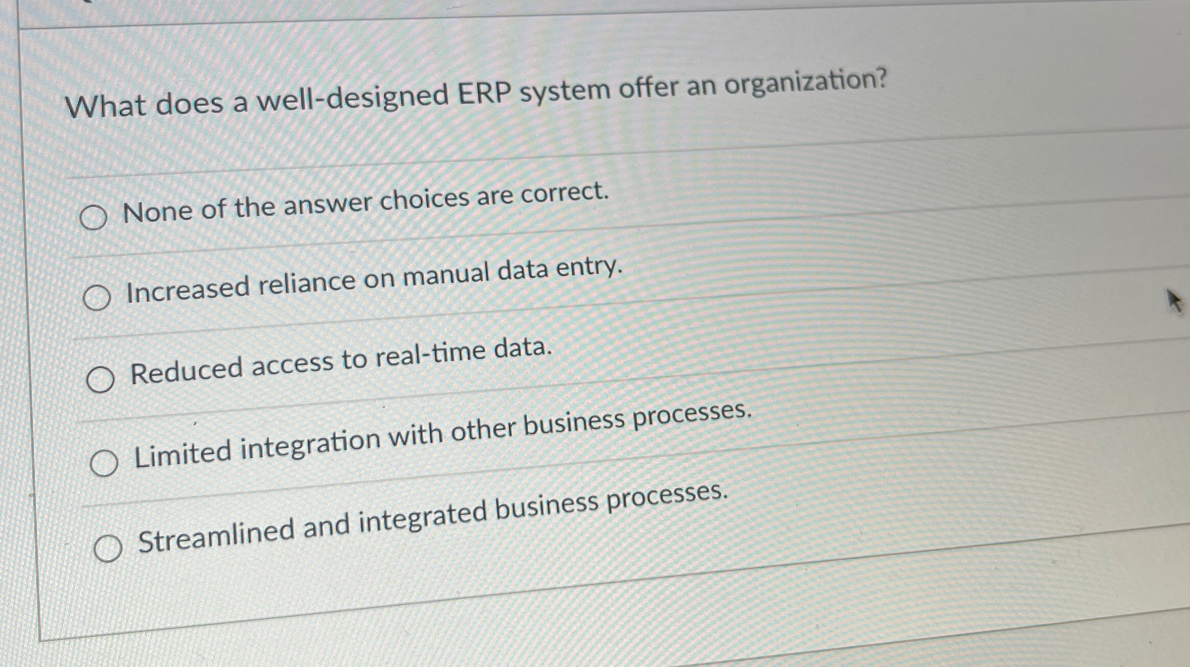  What does a well-designed ERP system offer an organization? None of