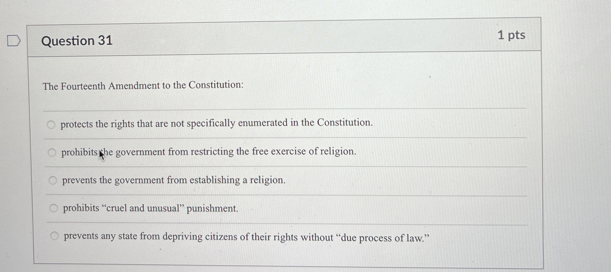  Question 31 1 pts The Fourteenth Amendment to the Constitution: protects