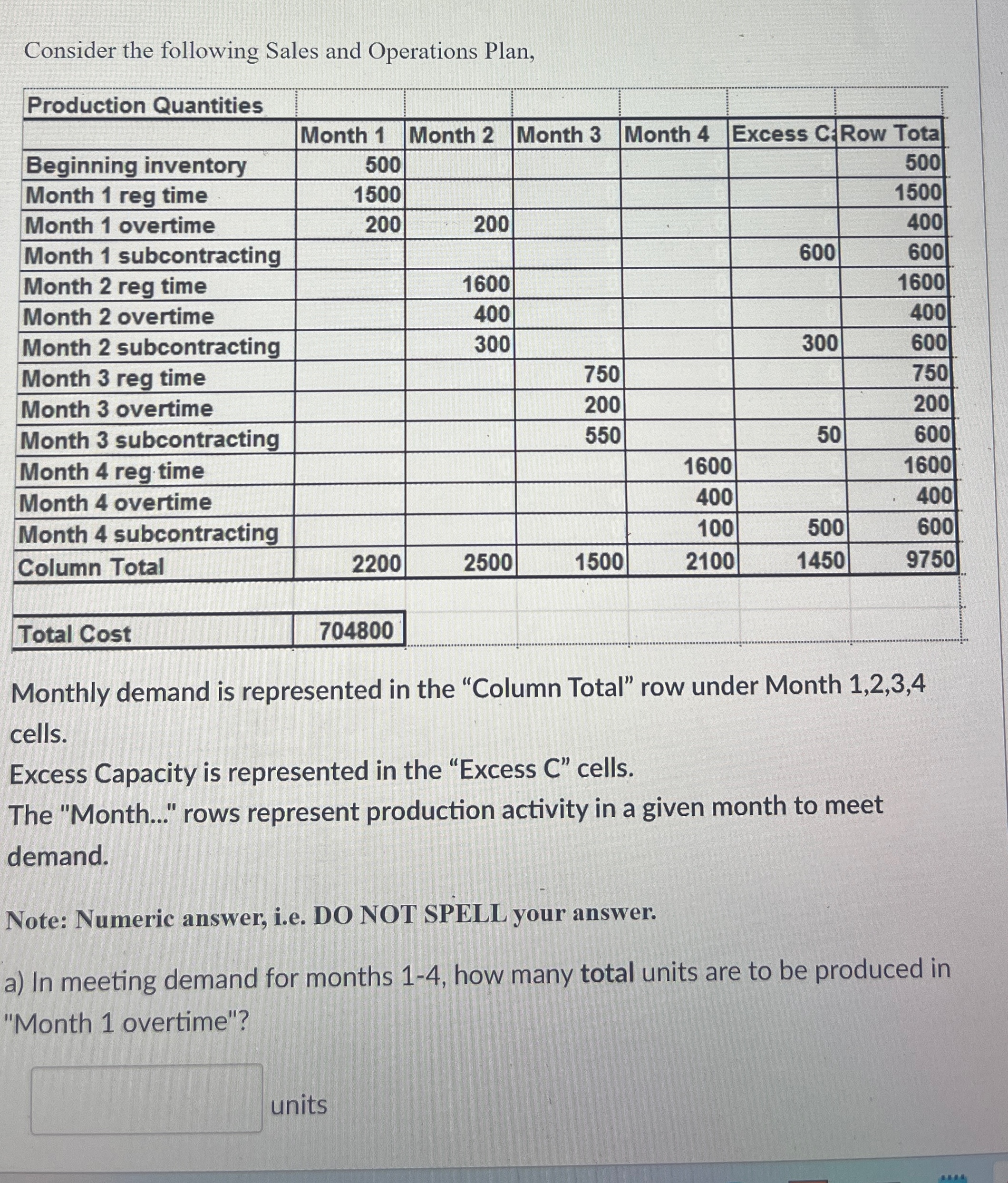  Consider the following Sales and Operations Plan, \table[[Production Quantities,,,,,,],[Month 1,Month 2,Month