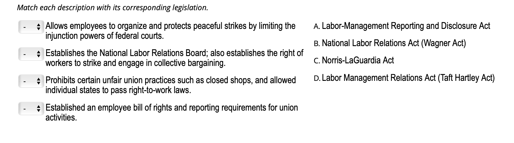  Match each description with its corresponding legis/ation. Allows employees to organize