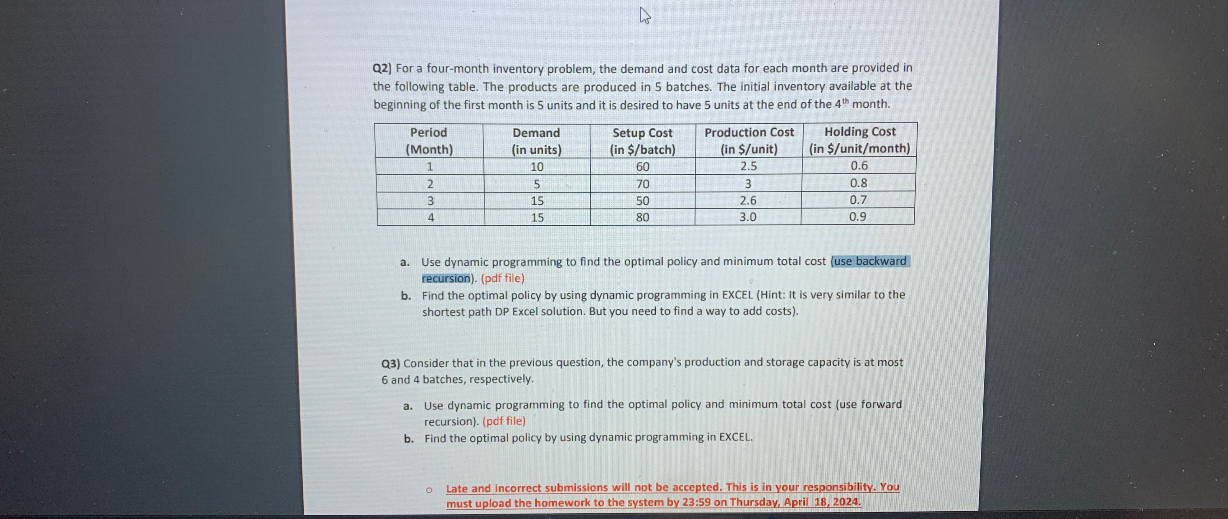  Q2) For a four-month inventory problem, the demand and cost data
