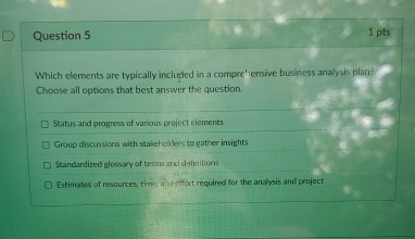  Question 5 Which elements are typically included in a comprehensive business