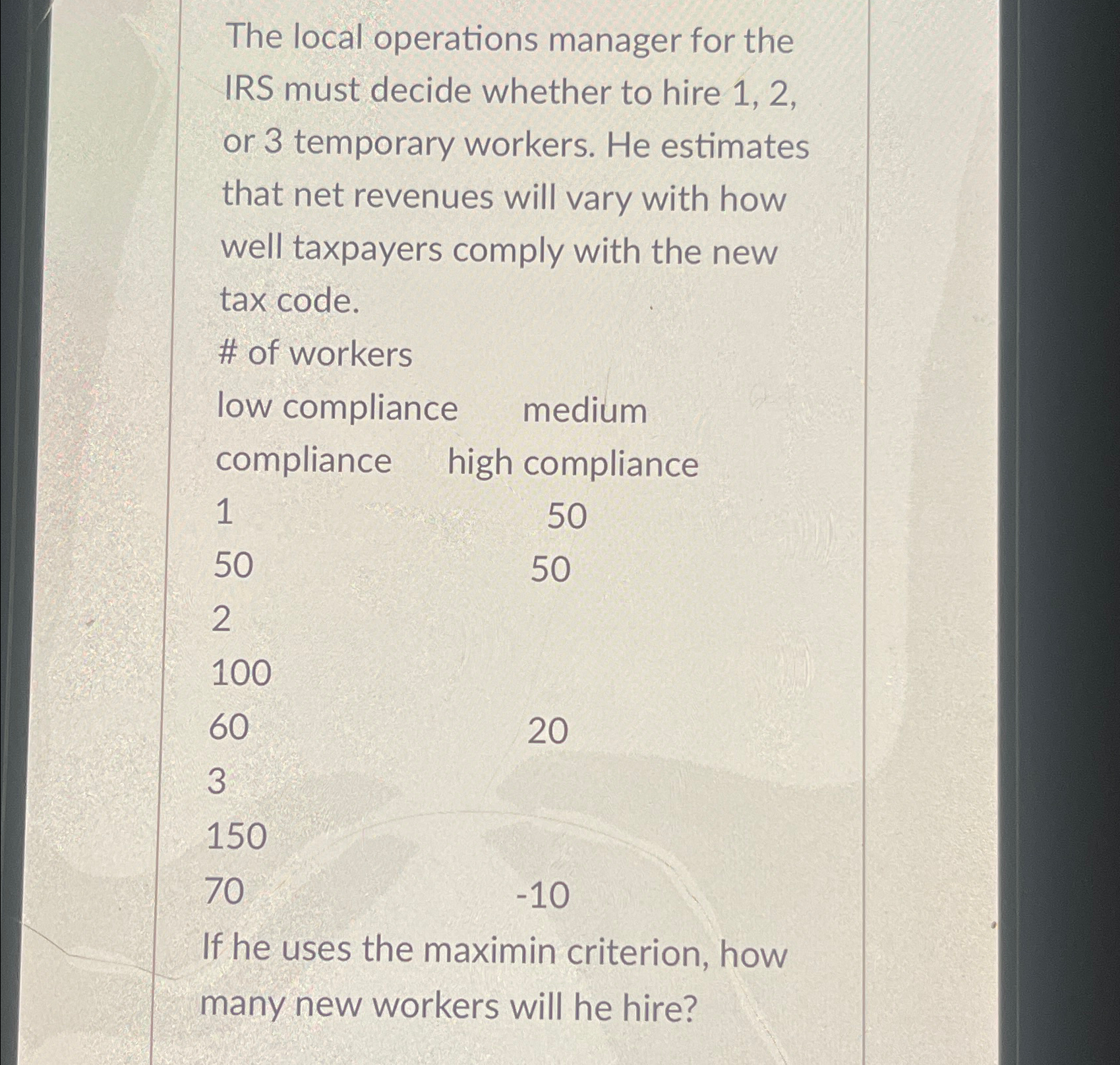  The local operations manager for the IRS must decide whether to