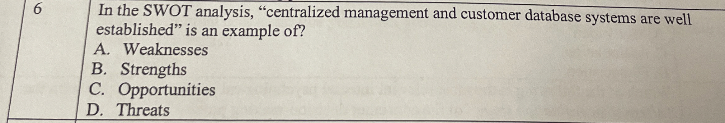  6 In the SWOT analysis, "centralized management and customer database systems