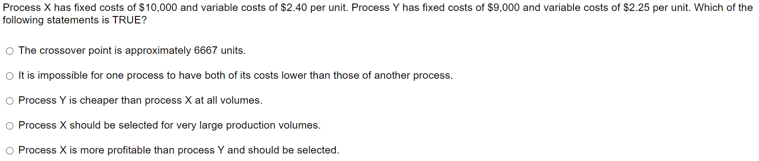  Process x has fixed costs of $10,000 and variable costs of