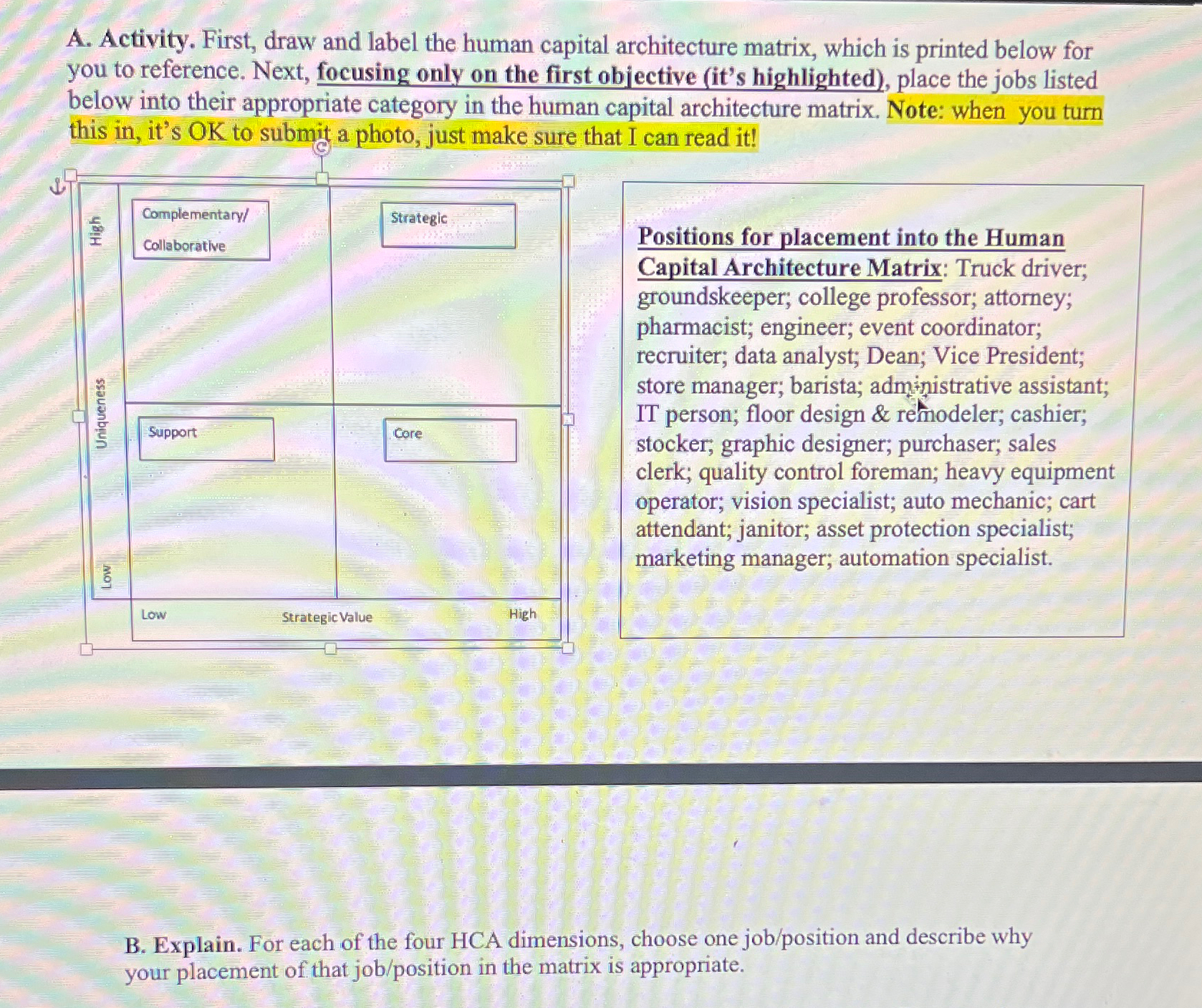  A. Activity. First, draw and label the human capital architecture matrix,