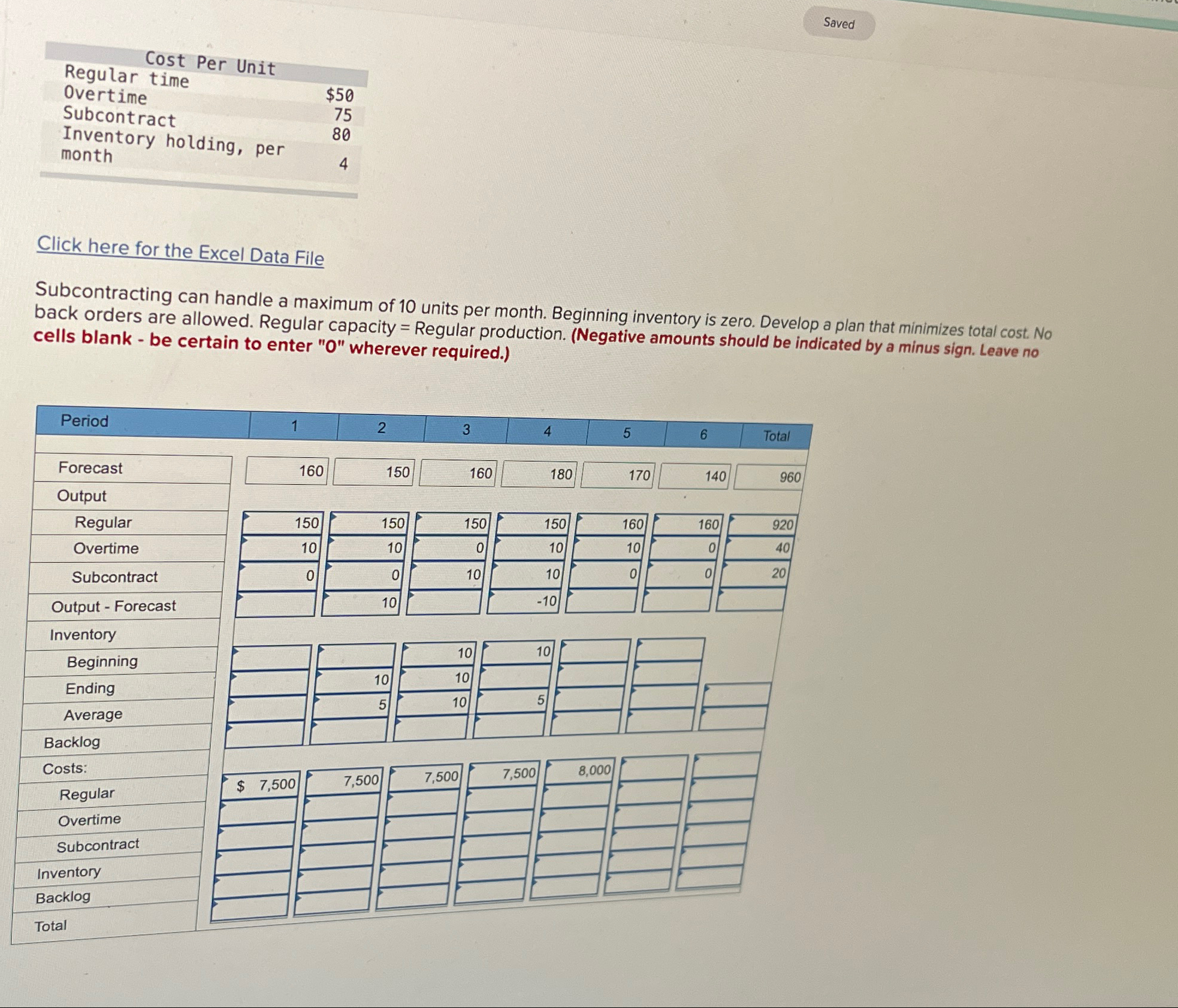  \table[[Cost Per Unit],[Regular time,$50 