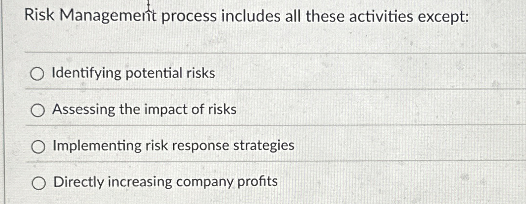  Risk Management process includes all these activities except: Identifying potential risks