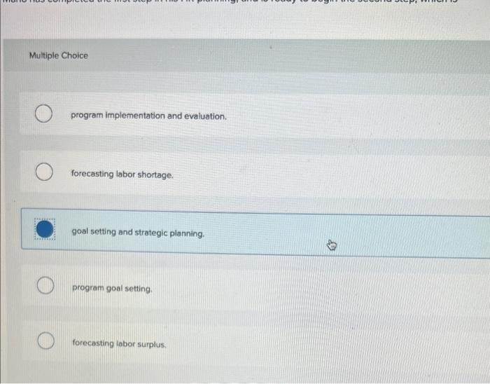  Multiple Choice program implementation and evaluation. forecasting labor shortage. goal setting