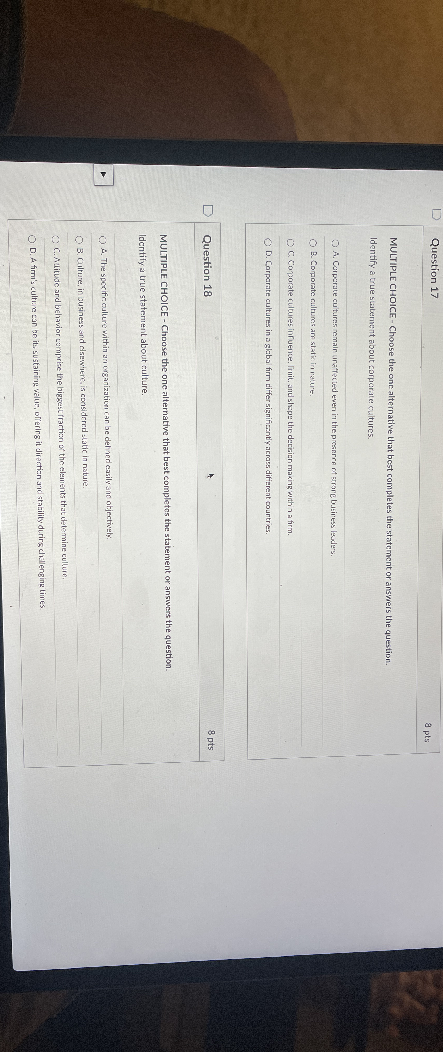  Question 17 8 pts MULTIPLE CHOICE - Choose the one alternative
