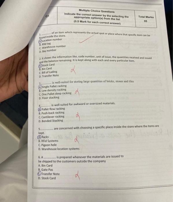  Multiple Choice Questions Indicate the correct answor by the selecting the