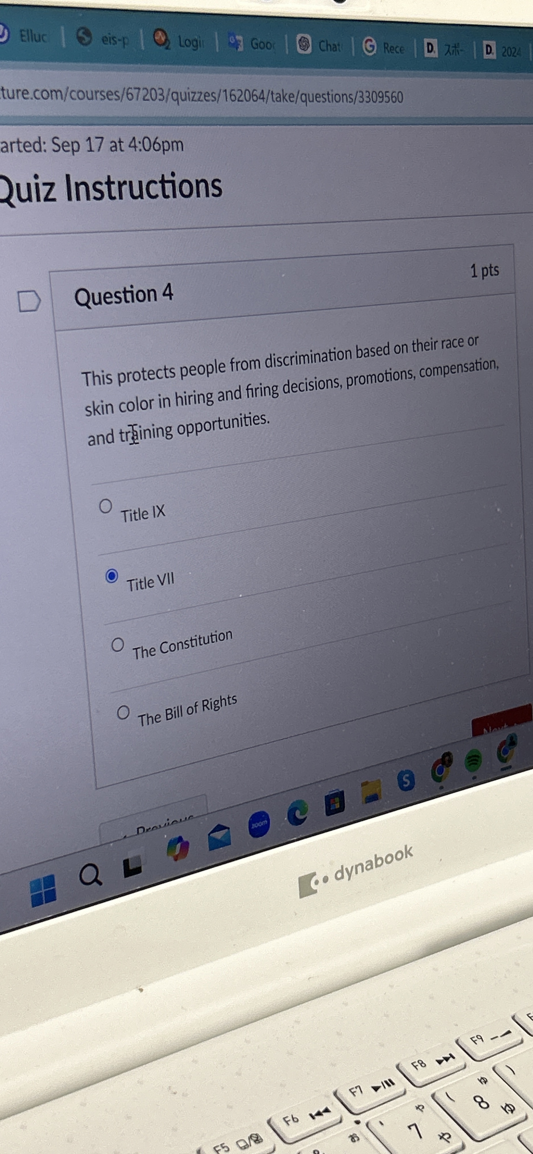  Question 4 This protects people from discrimination based on their race
