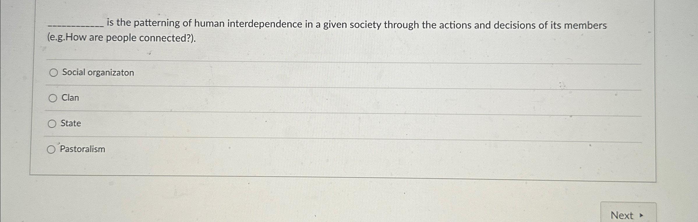  q, is the patterning of human interdependence in a given society