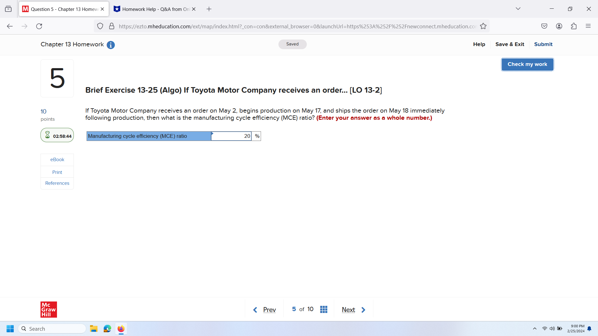 Exit Submit Check my work 9 Required information Problem 13-38 (Algo) Target