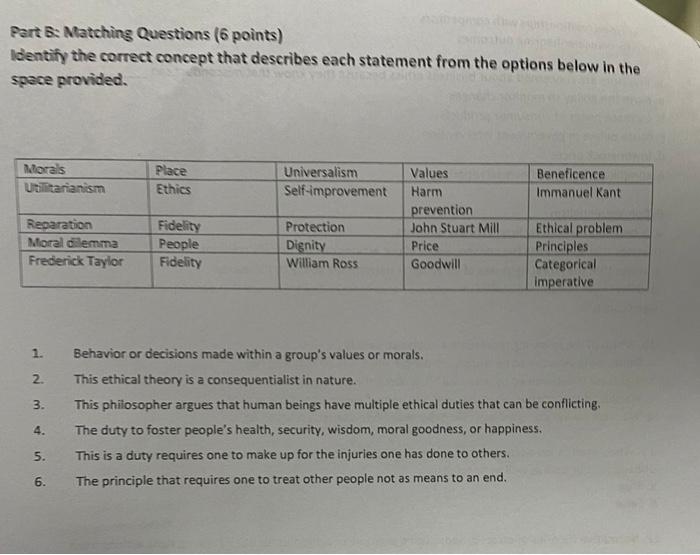  Part B: Natching Questions (6 points) Identify the correct concept that