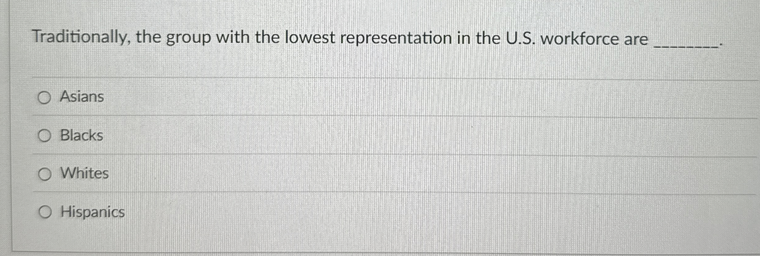  Traditionally, the group with the lowest representation in the U.S. workforce
