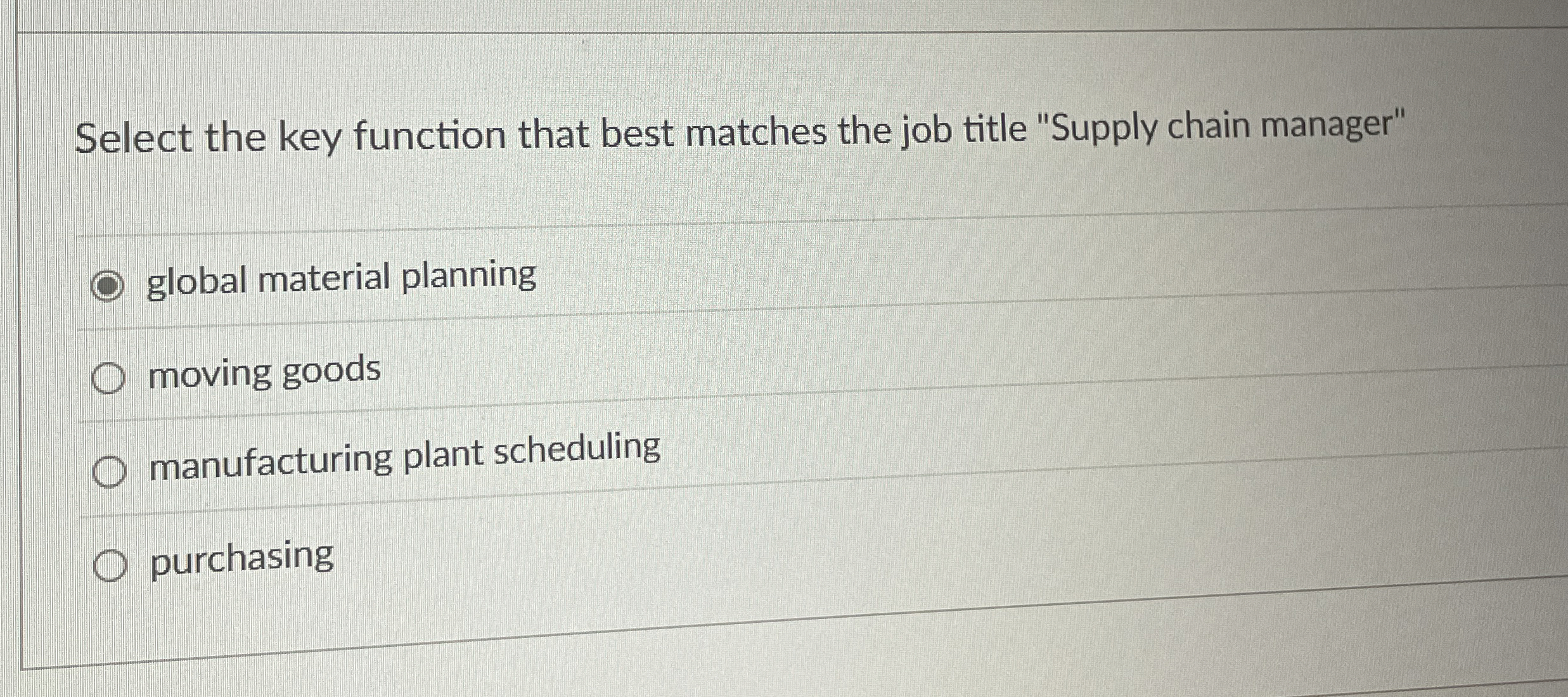  Select the key function that best matches the job title "Supply