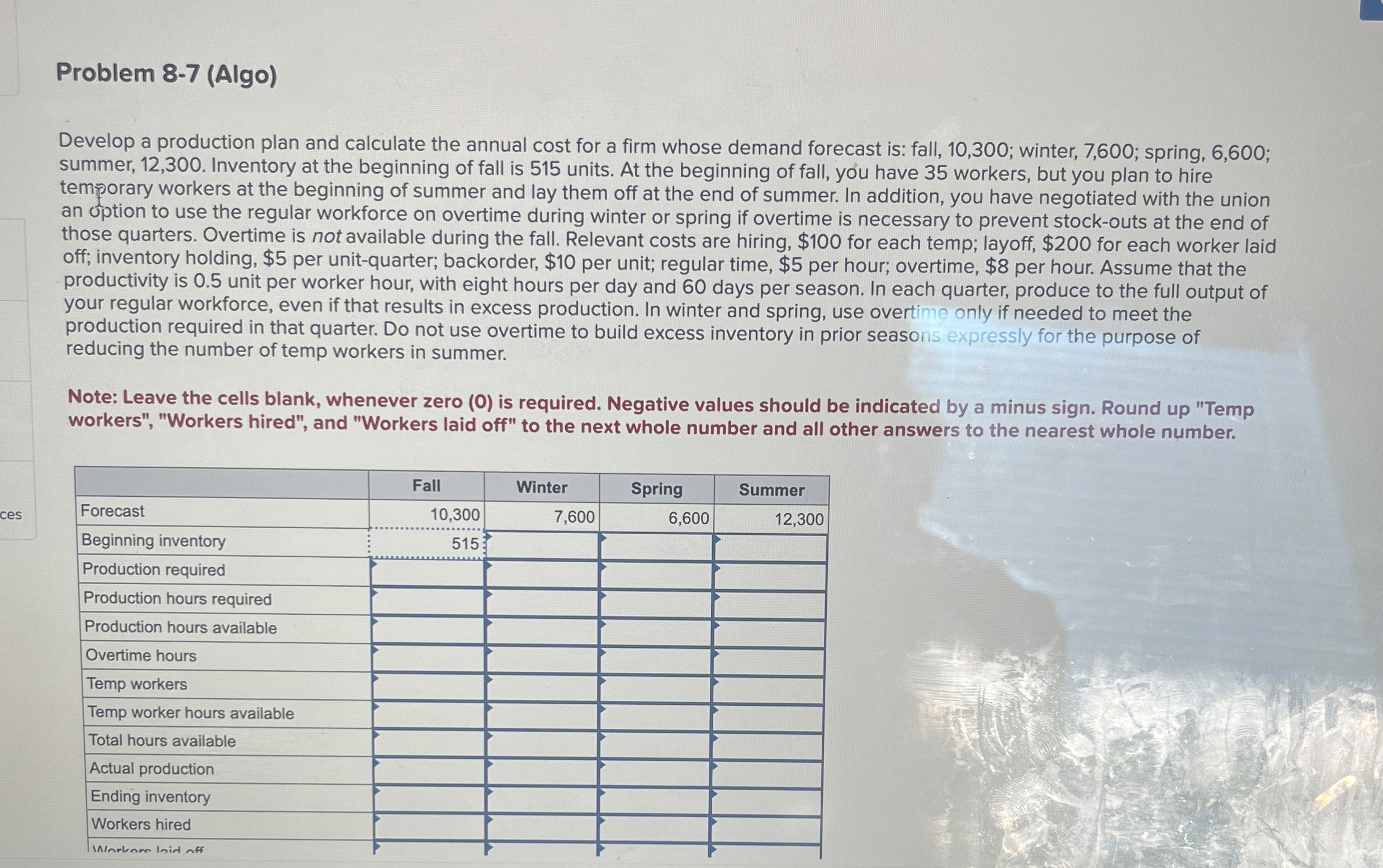  Problem 8-7(Algo) Develop a production plan and calculate the annual cost