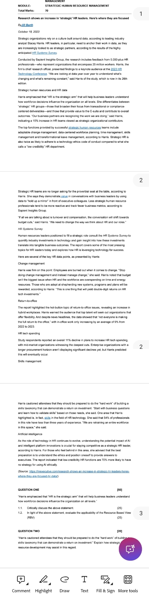 MODULE: STRATEGIC HUMAN RESOURCE MANAGEMENT Total Marks: ,70q, 1 Research sh