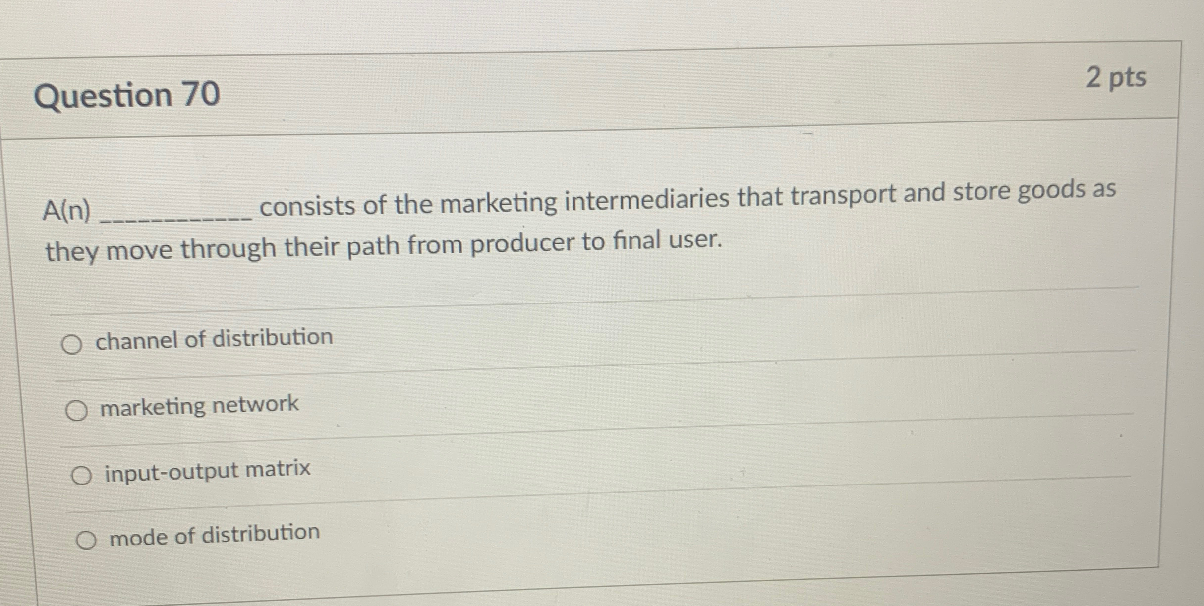 Question 70 2 pts A(n) consists of the marketing intermediaries that
