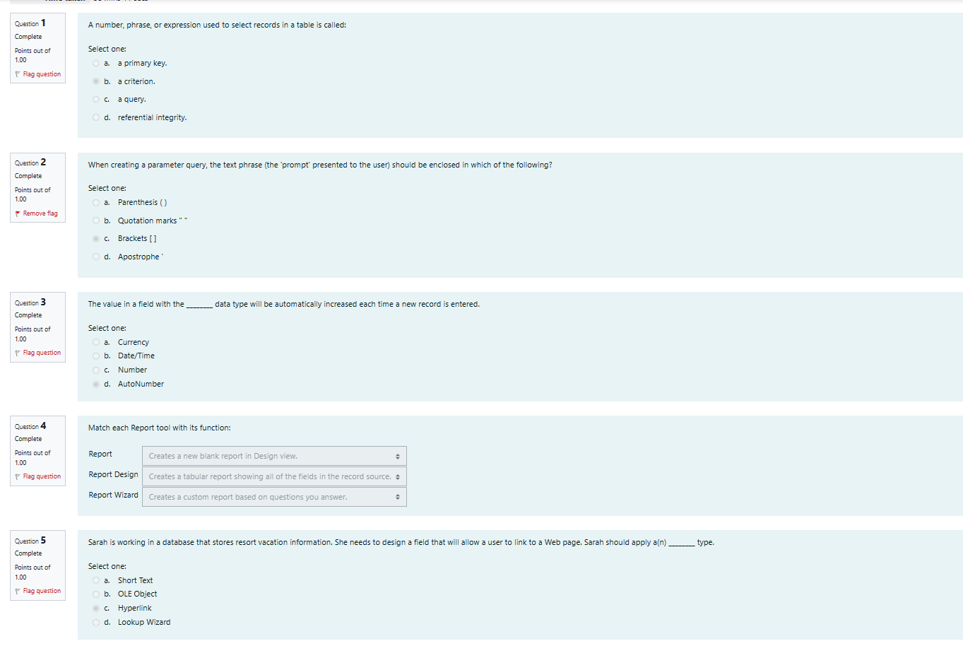  Question 1 A number, phrase, or expression used to select records