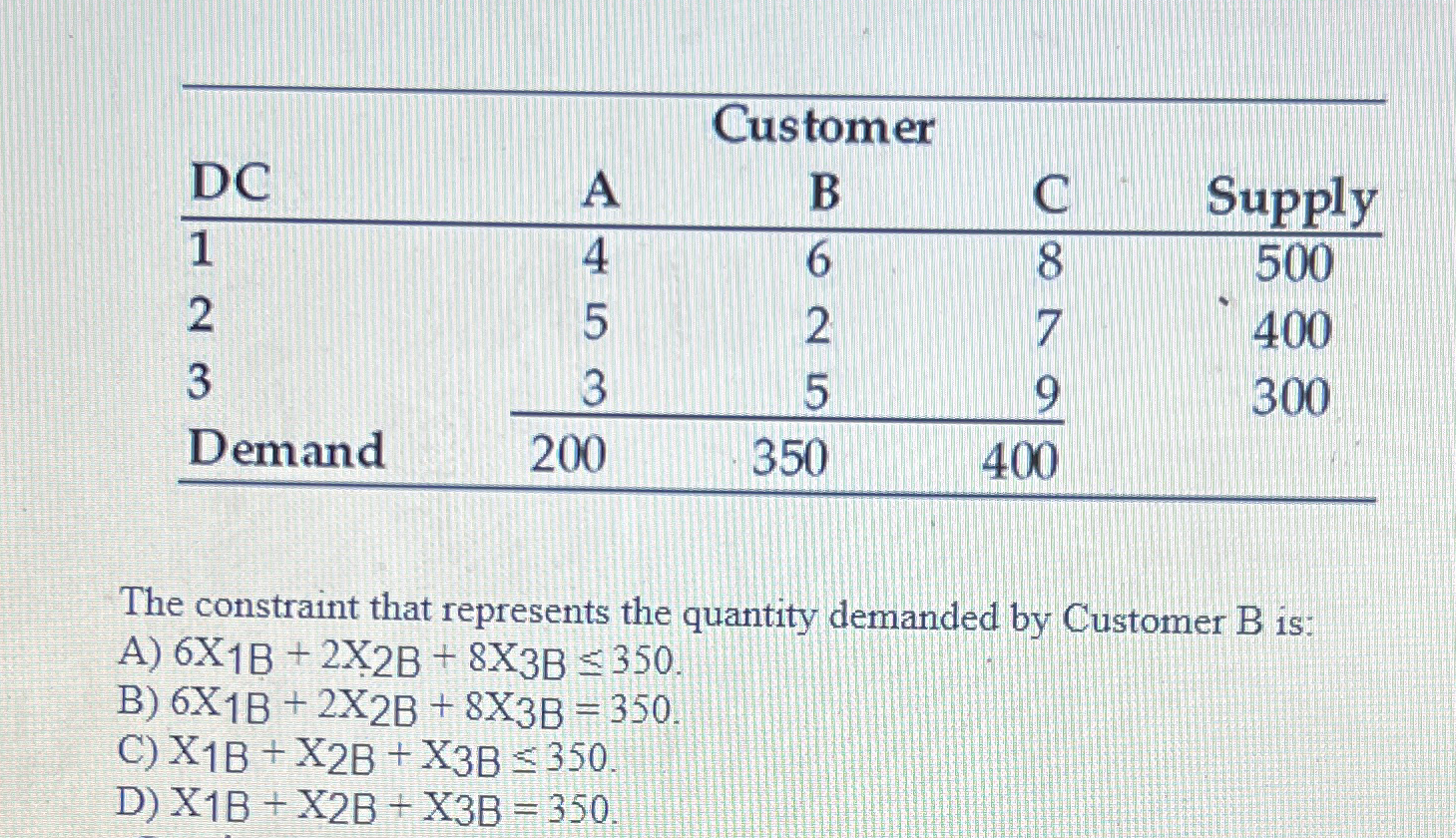  \table[[DC,Customer],[A,B,C,Supply],[2,4,6,8,500],[3,5,2,7,400],[Demand,3,5,9,300],[,200,350,400,]] The constraint that represents the quantity demanded by Customer B