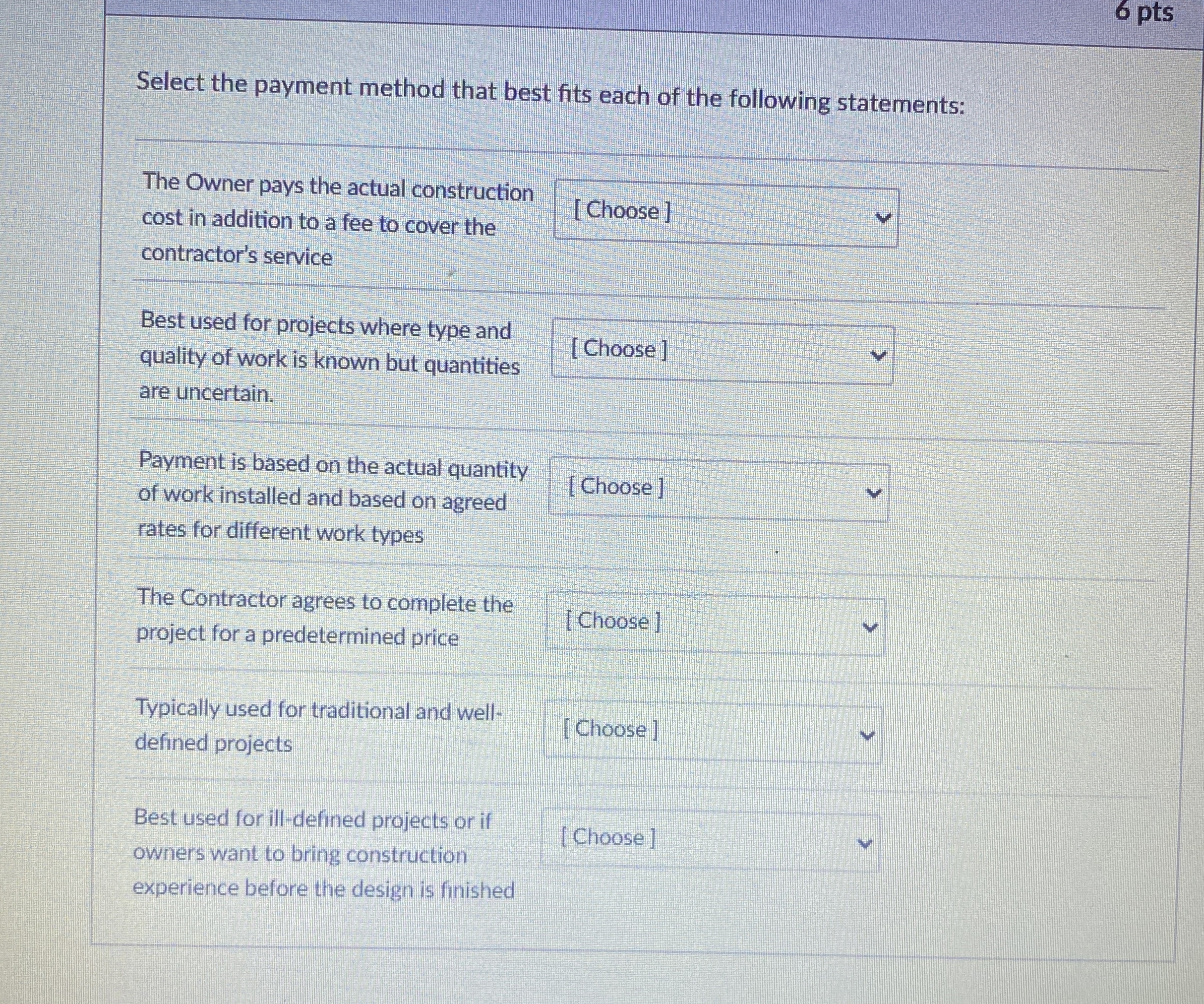  6 pts Select the payment method that best fits each of