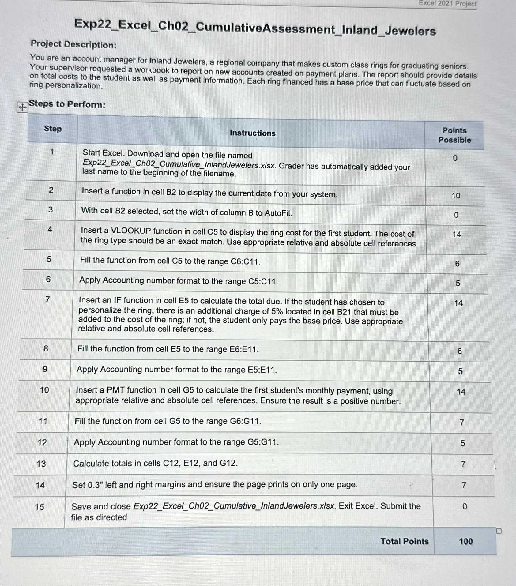  Excel 2021 Project Exp22_Excel_Ch02_CumulativeAssessment_Inland_Jewelers Project Description: You are an account manager