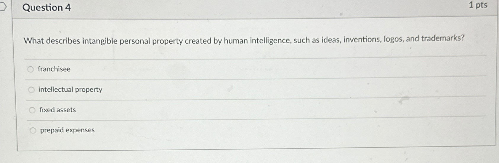  Question 4 1 pts What describes intangible personal property created by