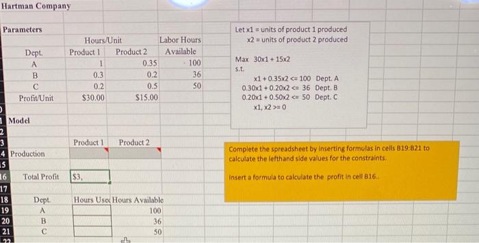 Hartman Company Model Let1=unitsofproduct1producedx2=unitsofproduct2producedMax301+152s.t.x1+0.352=0 Complete the spreadsheet by inserting formulas in
