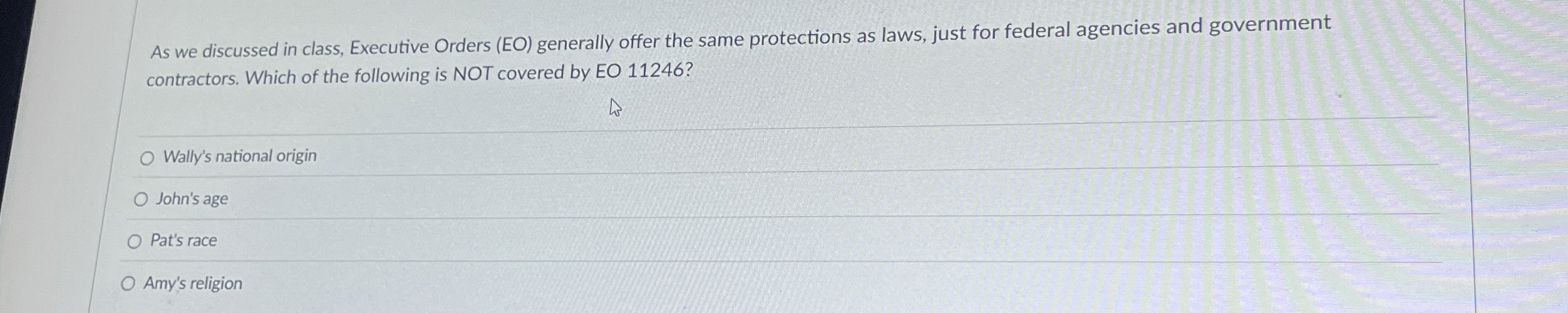  As we discussed in class, Executive Orders (EO) generally offer the