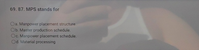  MPS stands for a. Manpower placement structure. b. Master production schedule.