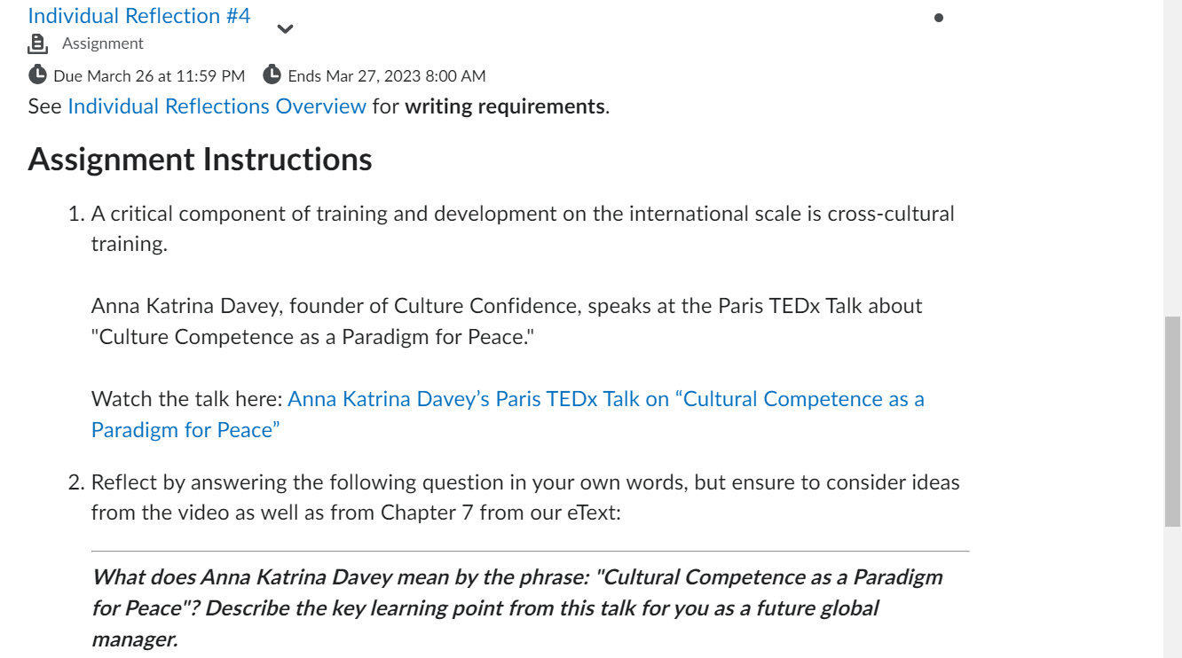 Individual Reflection \#4 Assignment Due March 26 at 11:59 PM Ends