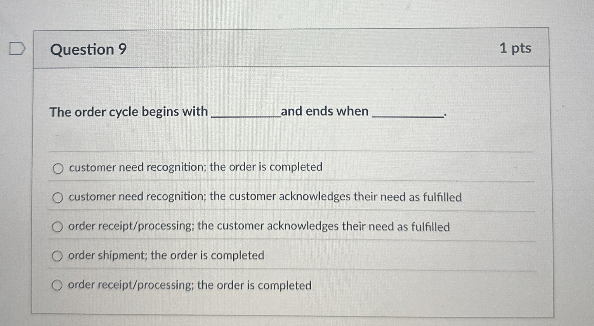  Question 9 1 pts The order cycle begins with and ends