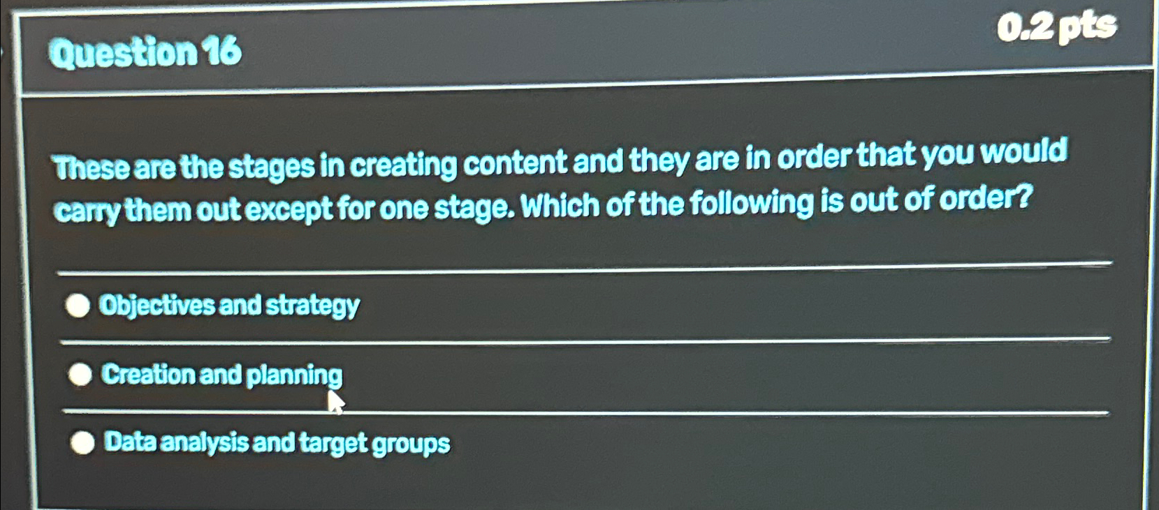 Question 16 These are the stages in creating content and they