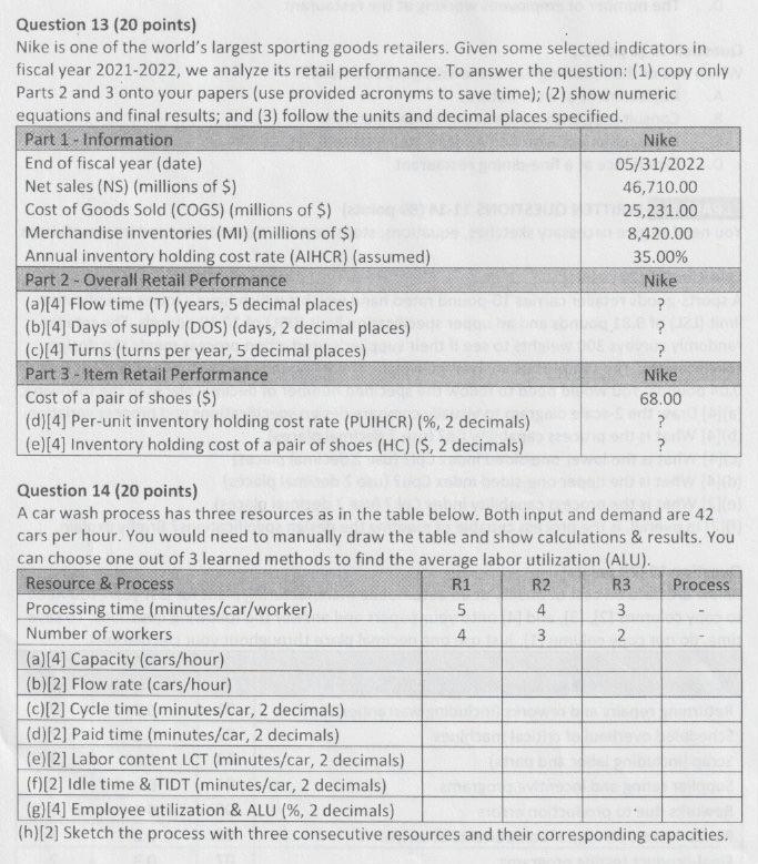 Operations Management - Inventory Turns and Inventory Costs Please answer questions 13